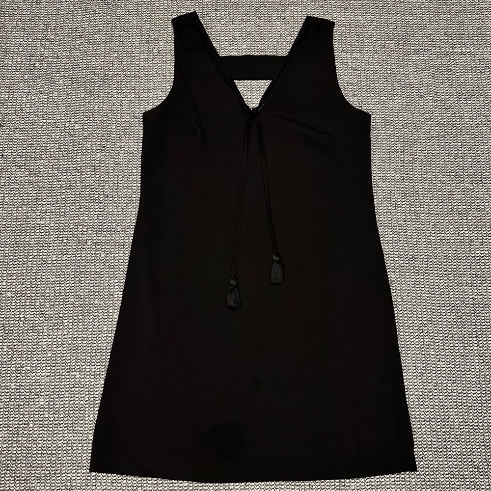 The Impeccable Pig Black Sleeveless V-Neck Mini Dress with Tassel Tie